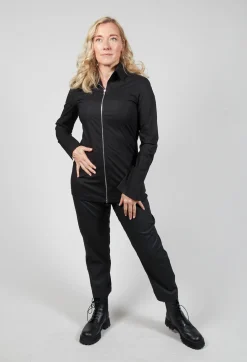 Long Sleeved Blouse with Zip Detail in Black