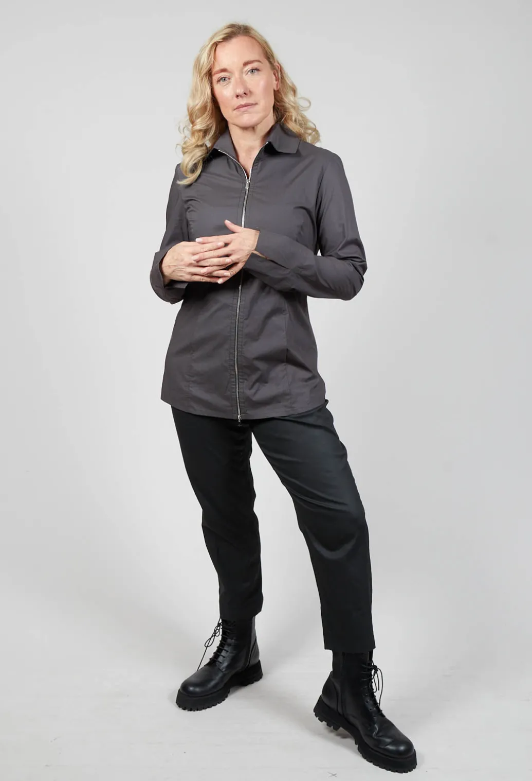 Long Sleeved Blouse with Zip Detail in Grey