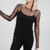 Long Sleeved Olif Net Top with Round Neck in Black