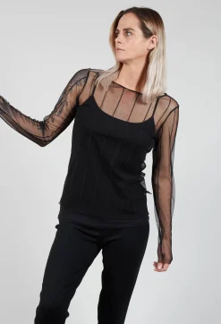Long Sleeved Olif Net Top with Round Neck in Black