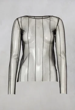 Long Sleeved Olif Net Top with Round Neck in Black