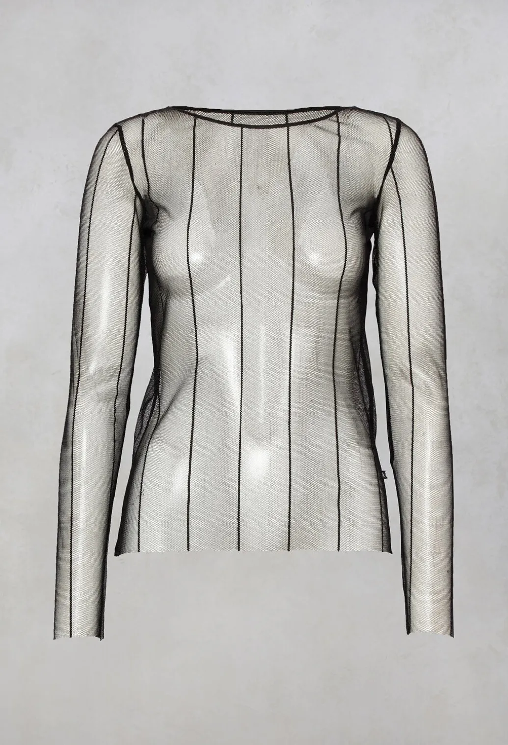 Long Sleeved Olif Net Top with Round Neck in Black