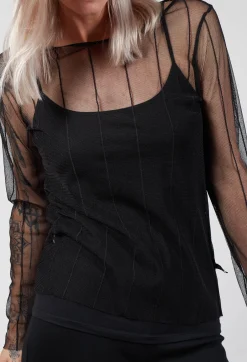 Long Sleeved Olif Net Top with Round Neck in Black