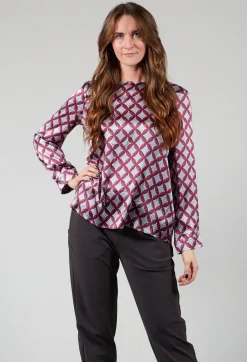 Long Sleeved Patterned Silk Blouse in Hibiscus