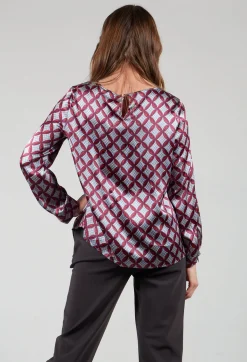 Long Sleeved Patterned Silk Blouse in Hibiscus