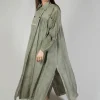 Long Sleeveless Coat in Contone and Viscosa Seta Olive