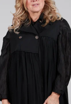 Long Sleeveless Coat in Contone and Viscosa Seta Nero