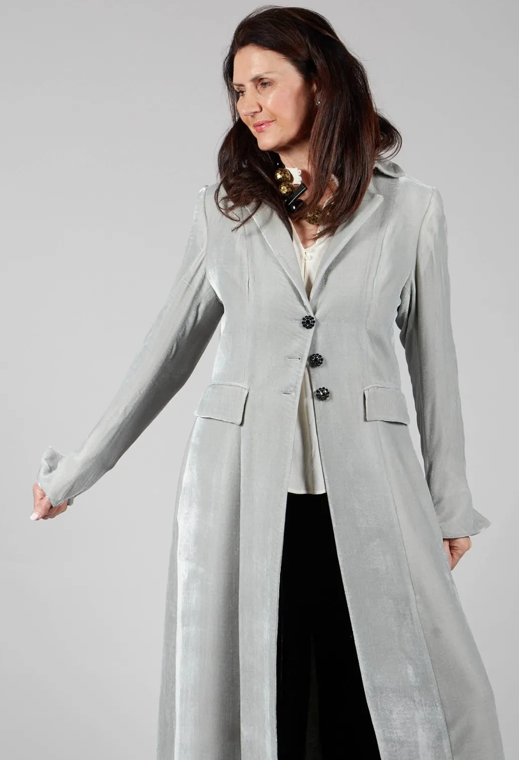 Long Velvet Coat in Pearl