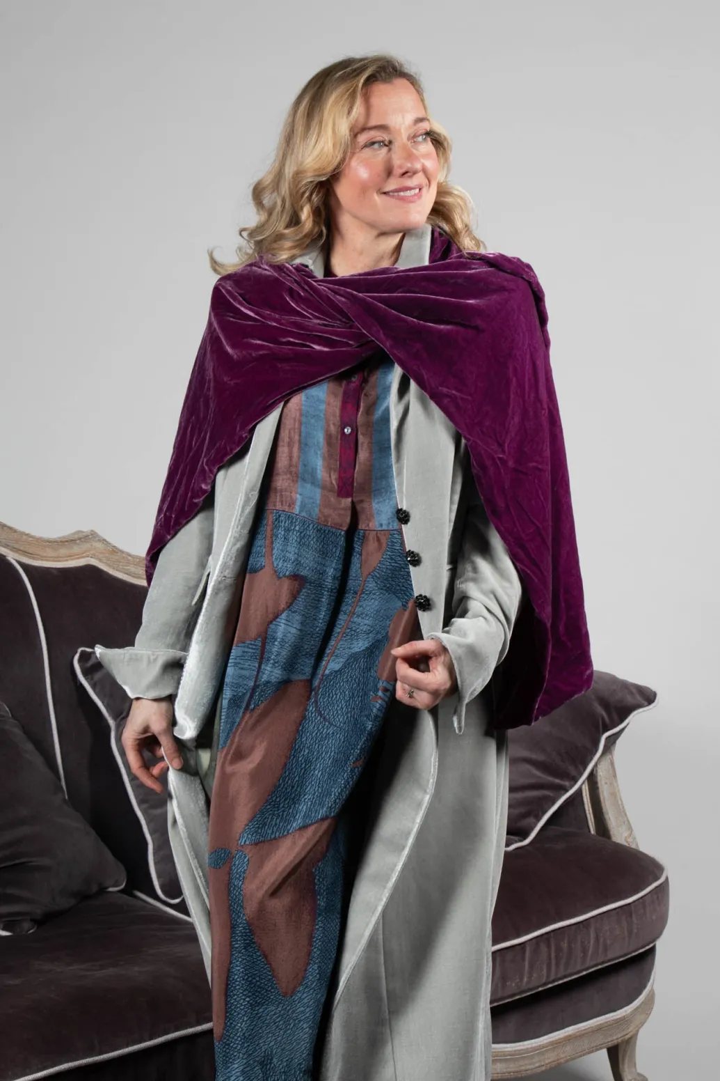 Long Velvet Coat in Pearl
