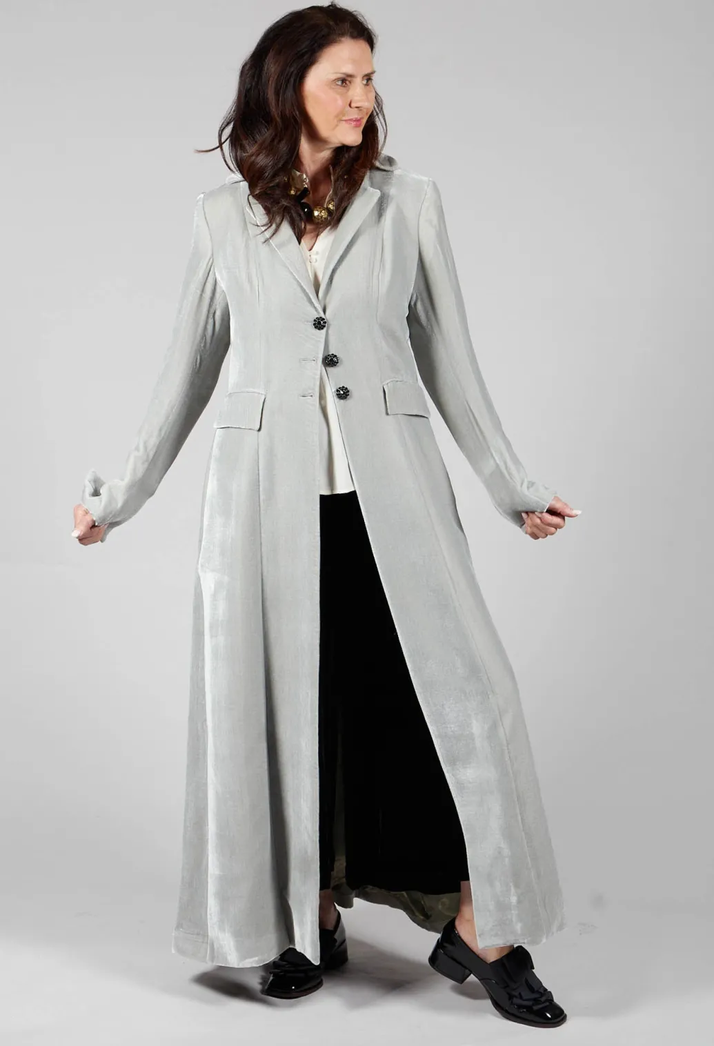 Long Velvet Coat in Pearl