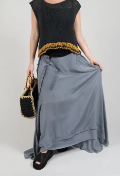 Long Washed Silk Skirt with Patch Pocket Detail in Grey