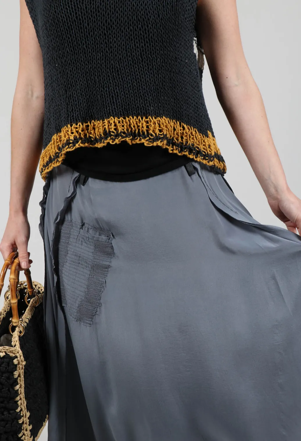 Long Washed Silk Skirt with Patch Pocket Detail in Grey