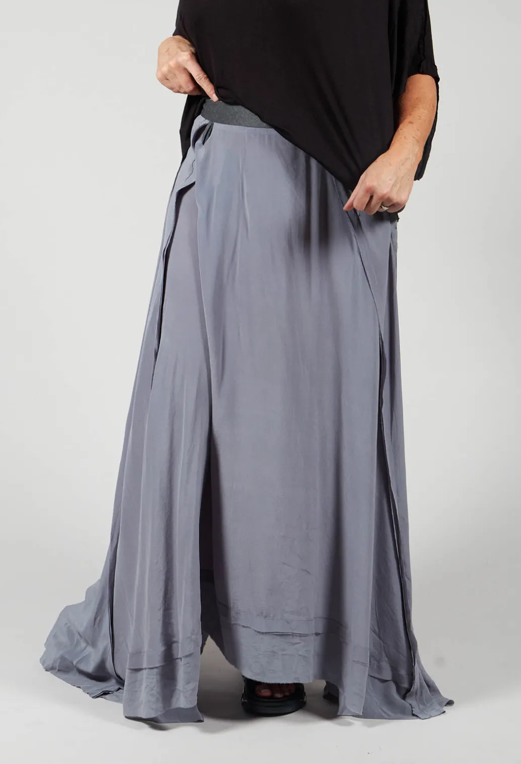 Long Washed Silk Skirt with Patch Pocket Detail in Grey