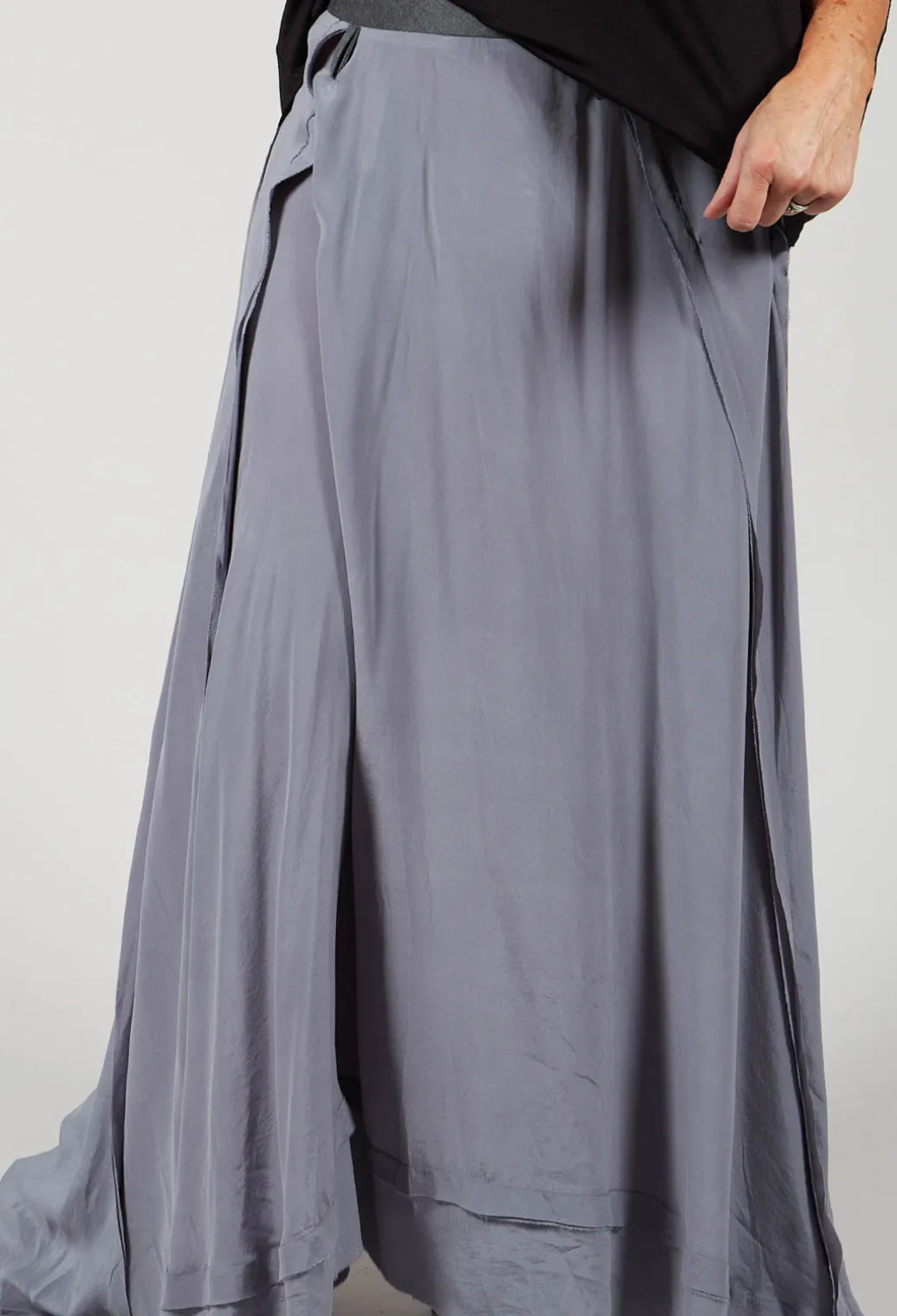 Long Washed Silk Skirt with Patch Pocket Detail in Grey
