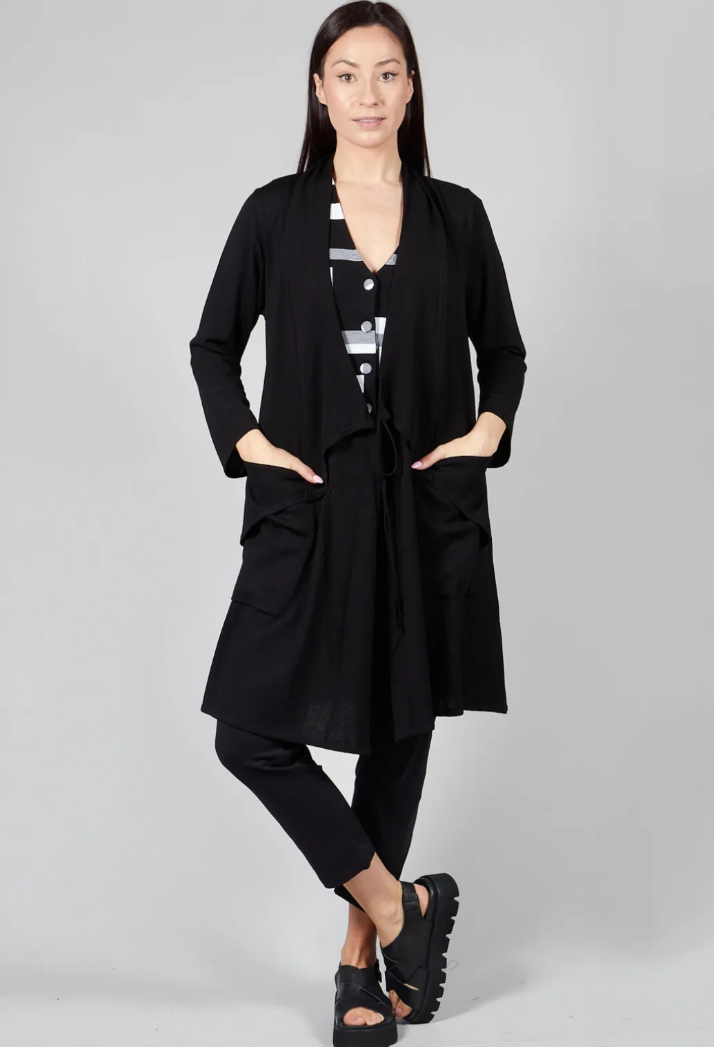 Longline Cardigan with Pockets in Black