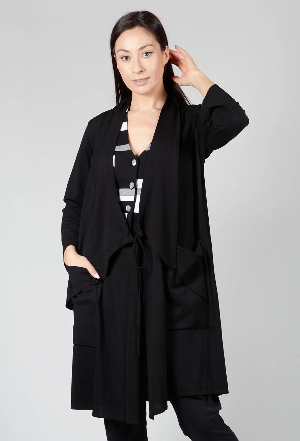 Longline Cardigan with Pockets in Black