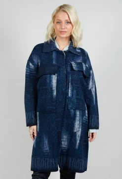 Longline Coat in Blue Denim Effect Print