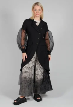 Longline Coat with Organza Sleeves in Nero