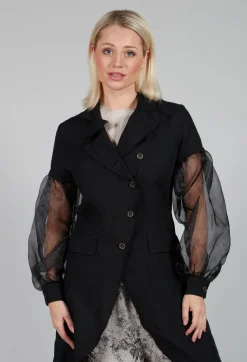 Longline Coat with Organza Sleeves in Nero