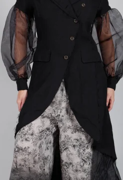 Longline Coat with Organza Sleeves in Nero