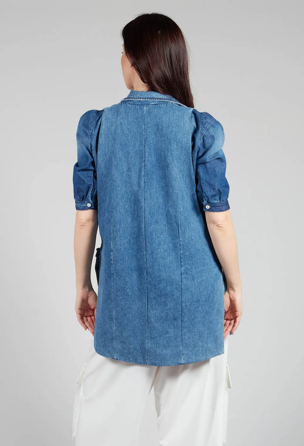 Longline Denim Waistcoat in Celeste