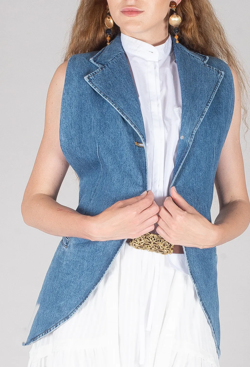 Longline Denim Waistcoat in Celeste
