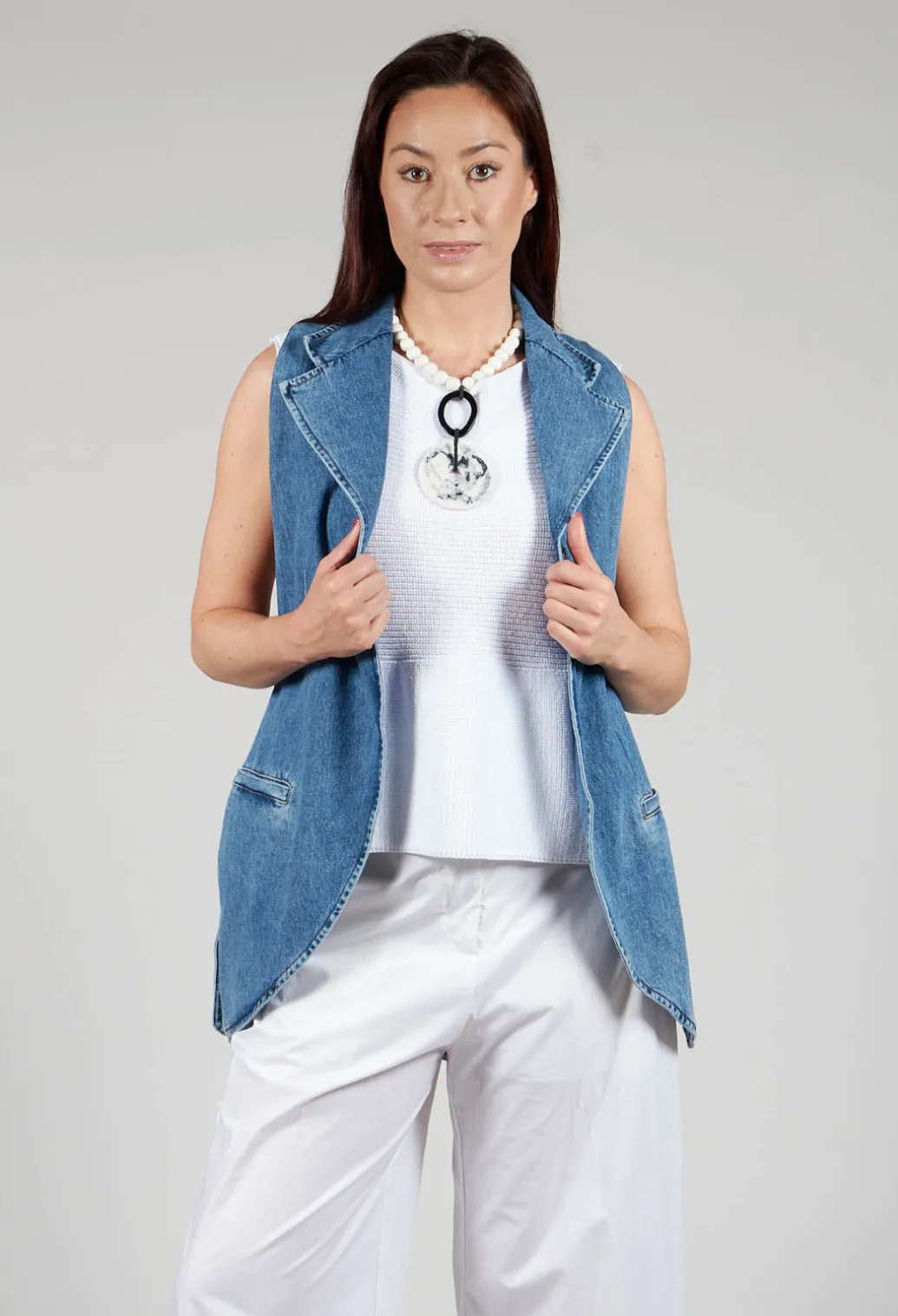 Longline Denim Waistcoat in Celeste