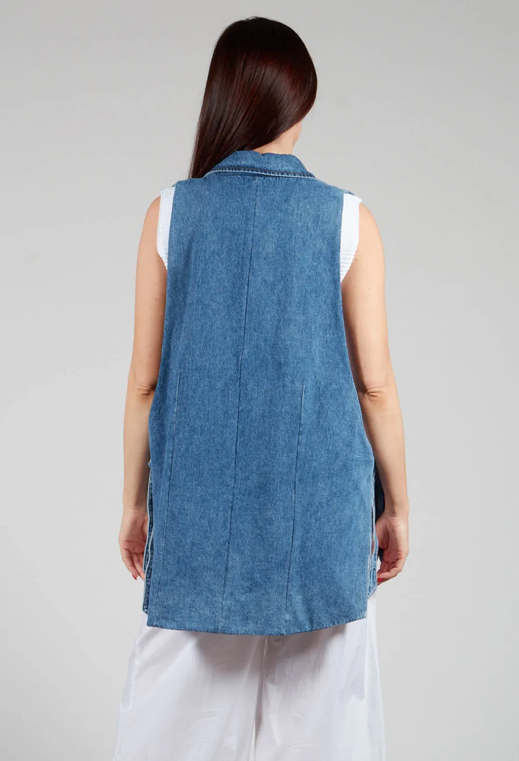 Longline Denim Waistcoat in Celeste