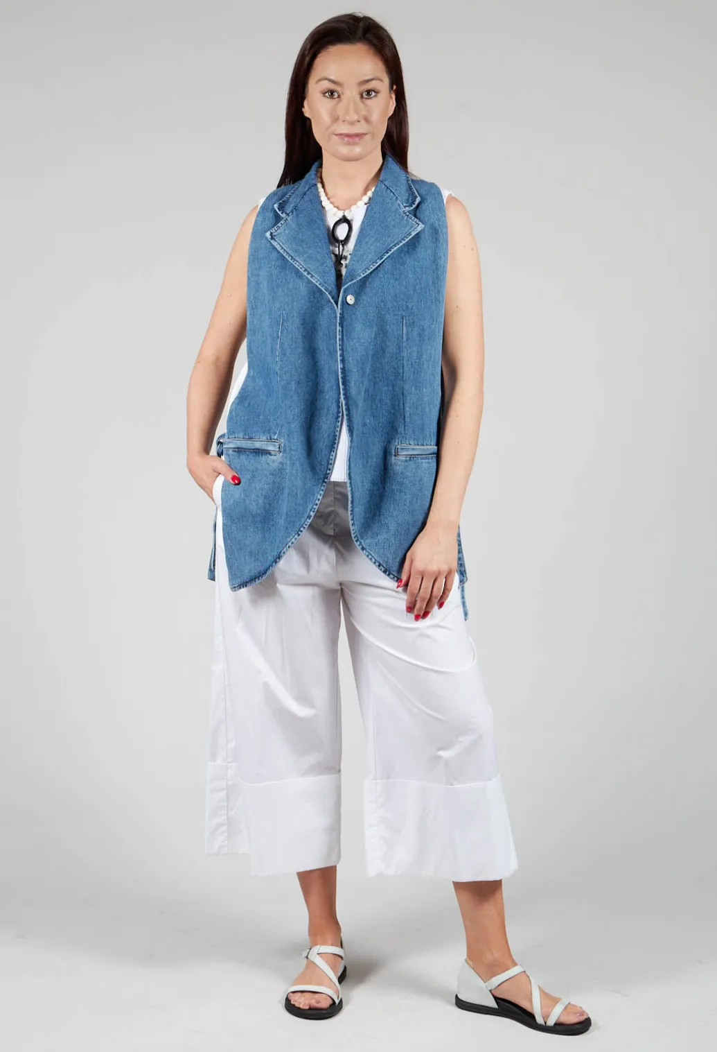 Longline Denim Waistcoat in Celeste