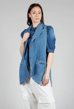Longline Denim Waistcoat in Celeste