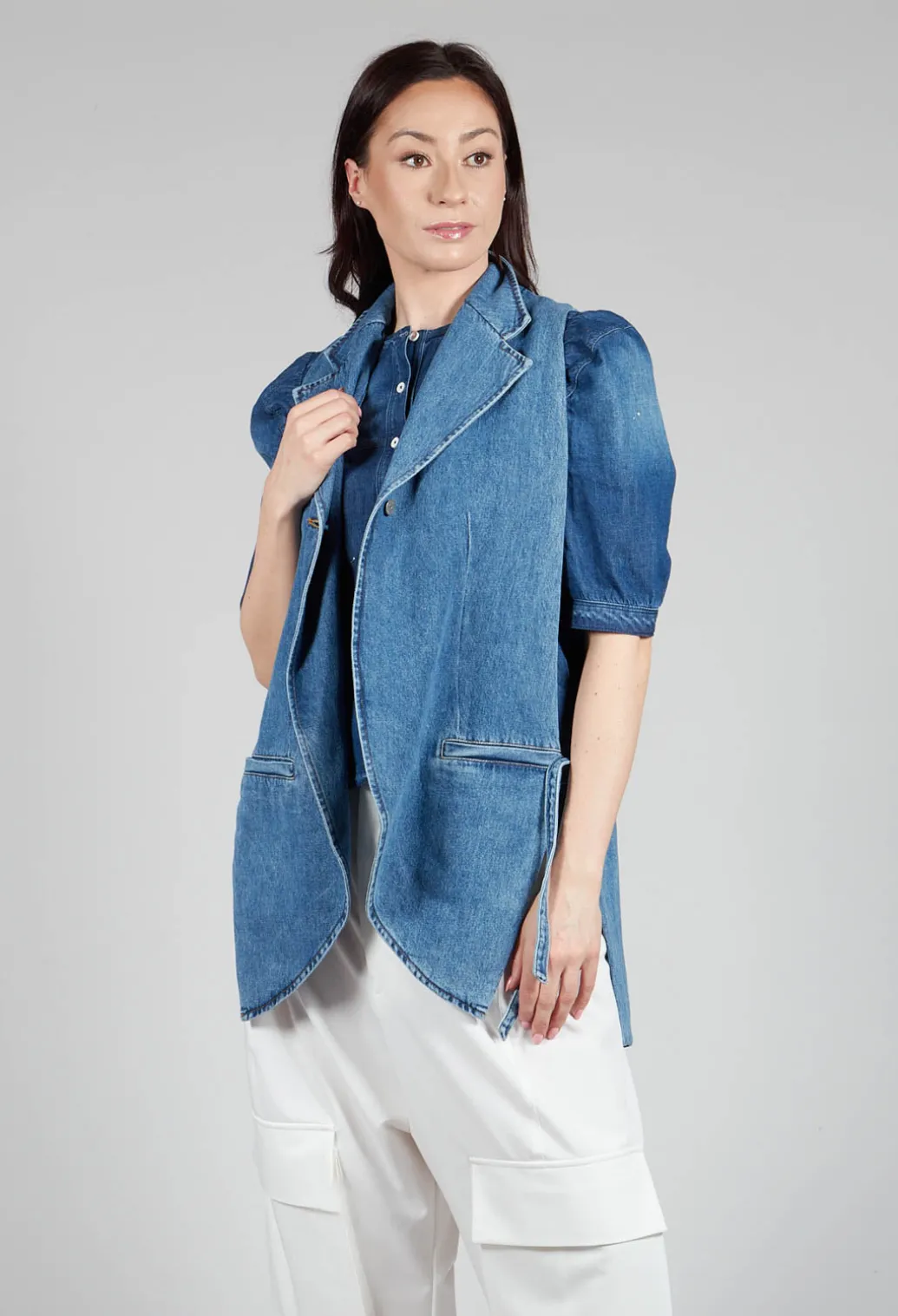 Longline Denim Waistcoat in Celeste