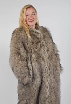 Longline Fur Coat in Cream Sfumato