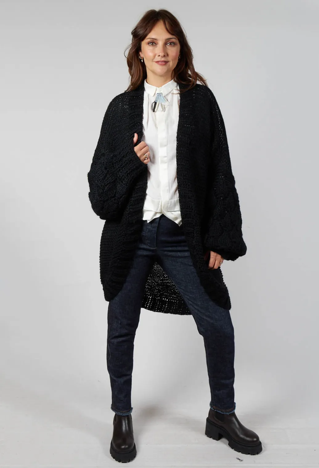 Longline Hand Knitted Cardigan in Black