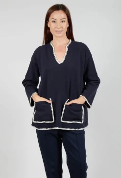 Longline Jumper with Contrasting Detail in Dark Navy and White