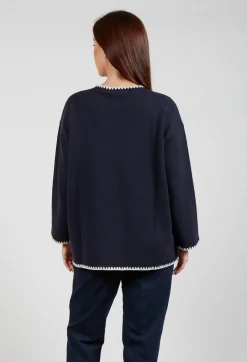 Longline Jumper with Contrasting Detail in Dark Navy and White