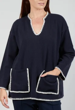 Longline Jumper with Contrasting Detail in Dark Navy and White