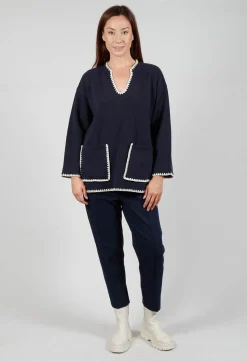 Longline Jumper with Contrasting Detail in Dark Navy and White