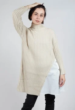 Longline Jumper with Shirt Detail in Cream