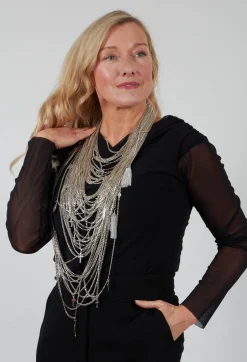 Longline Necklace with Multiple Chains and Pendants in Silver