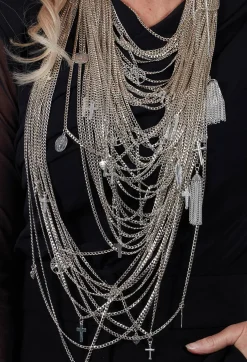 Longline Necklace with Multiple Chains and Pendants in Silver