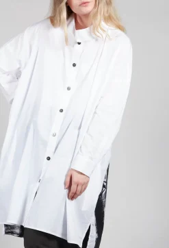 Longline Shirt with Print at Hemline in White and Black