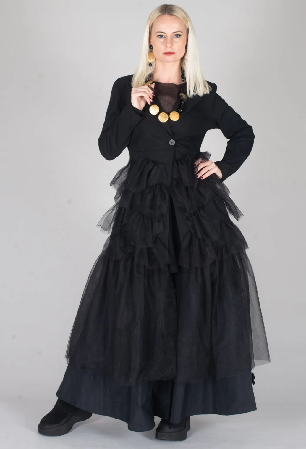 Longline Tulle Coat in Black