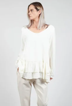 Loose Blouse with Lace Layers at Hem in Ecru