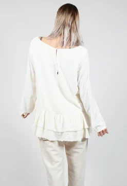Loose Blouse with Lace Layers at Hem in Ecru