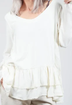Loose Blouse with Lace Layers at Hem in Ecru