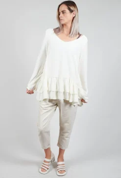 Loose Blouse with Lace Layers at Hem in Ecru
