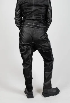 Low Rise Drop Crotch Trousers in Black Flock