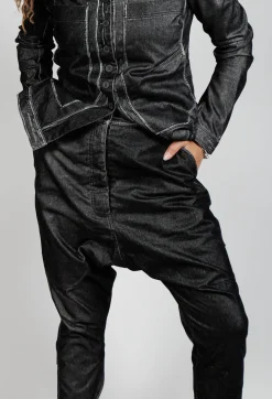 Low Rise Drop Crotch Trousers in Black Flock