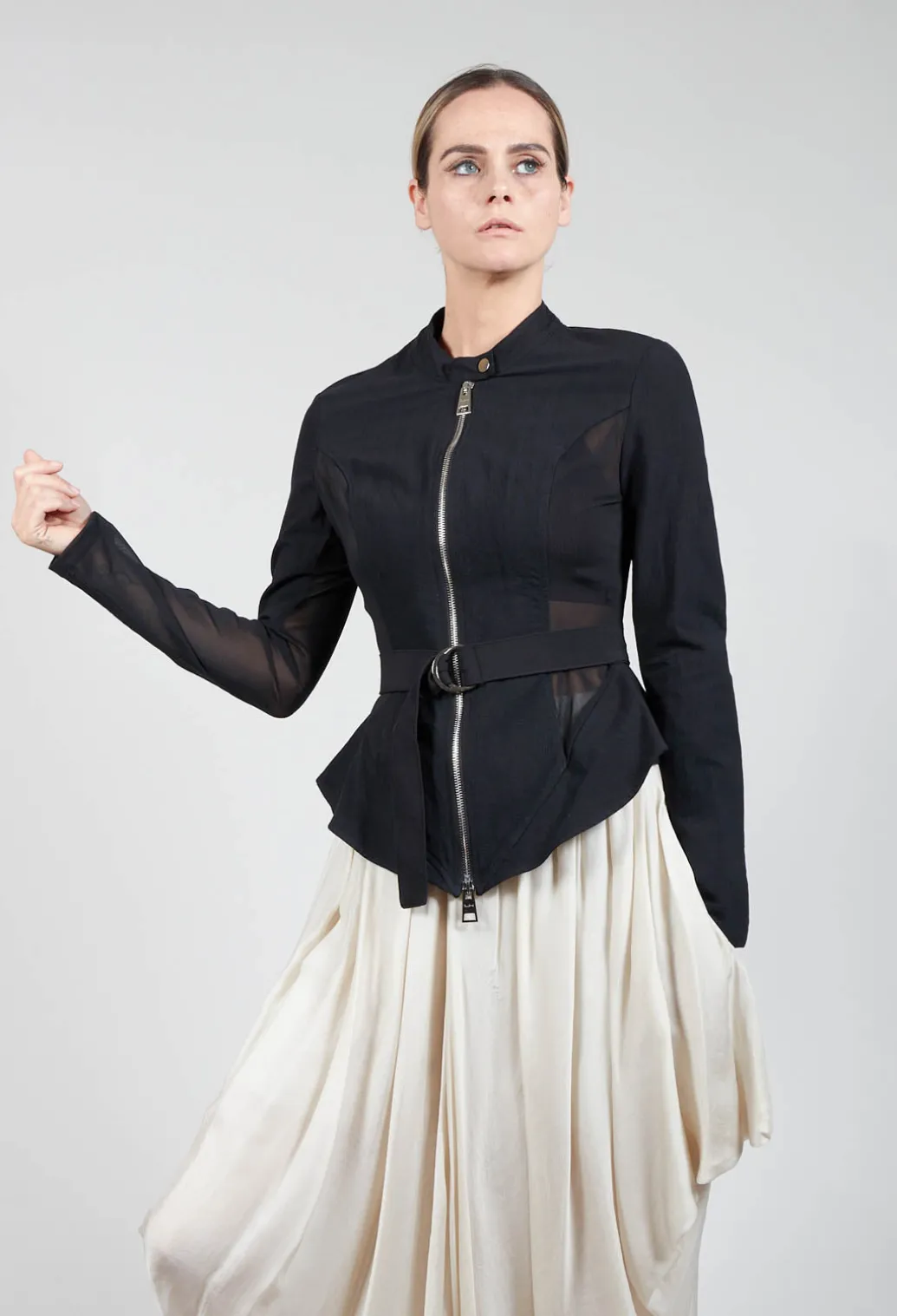 Mesh Panelled Jacket with Belt in Nero