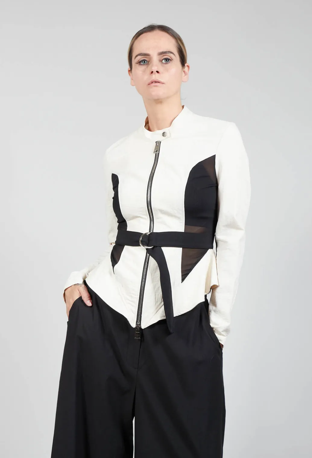 Mesh Panelled Jacket with Belt in Bianco